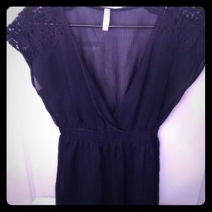 Navy blue sheer empire waist w lace detail top