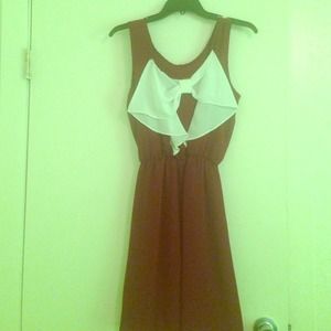 Maroon dress with bow on back.