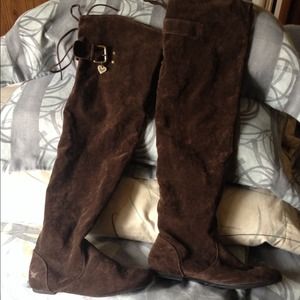 Thigh high brown suede boots