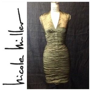 Nicole Miller Metallic Green Ruched Sheath Dress