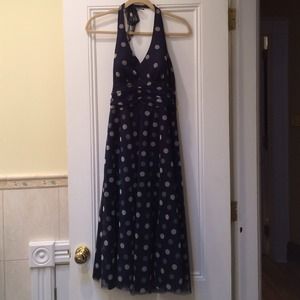 Eliza J navy and white polka dot dress
