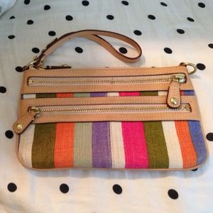 Adorable colorful stripes linen and leather clutch