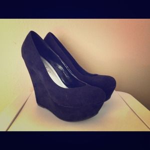 Black faux suede wedges