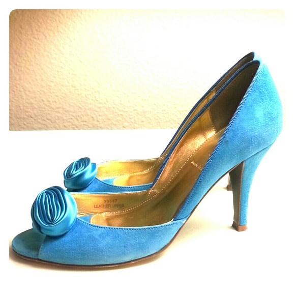 J Crew Blue Suede Peep Toe 3" Heels, Size 7.5