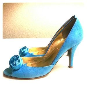 J Crew Blue Suede Peep Toe 3" Heels, Size 7.5