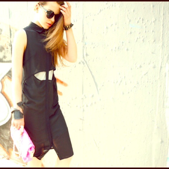 NWOT Black Sheer Chiffon Cut Out Midi Dress XS S - Picture 1 of 3