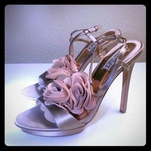 Badgley Mischka Platform Satin Flower Sandals, 8.5