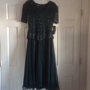 Beautiful, beaded, emerald green long dress.