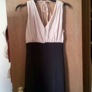 Tan/black sleeveless dress.