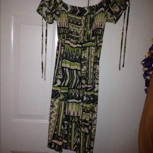 Green tan and black smocked dress