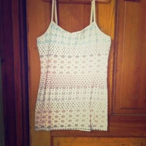 White tank with blue pink and purple pattern