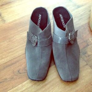 Grey buckle heels