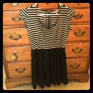 Grey and black scoop neck dress.