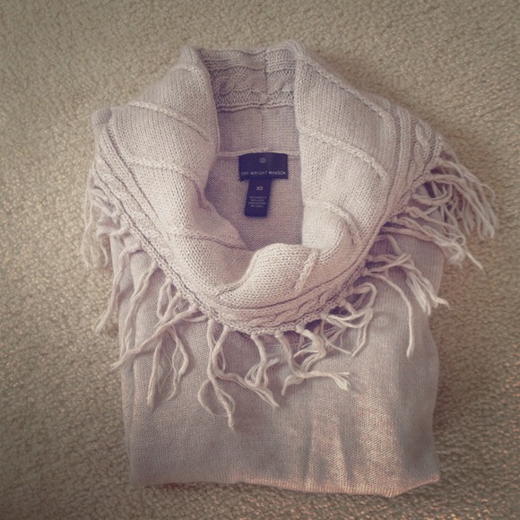 Beige sweater with fringe scarf neck