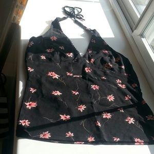 Black halter top with pink flowers
