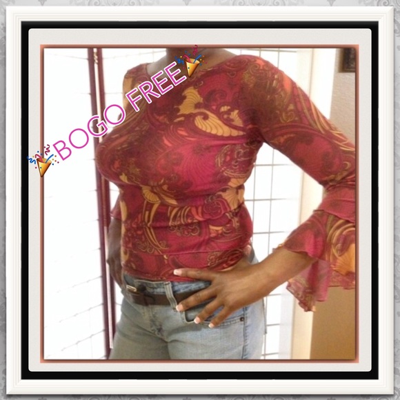 😘BURGANDY GOLD FLORAL NYLON BLOUSE💝BELL SLEEVES