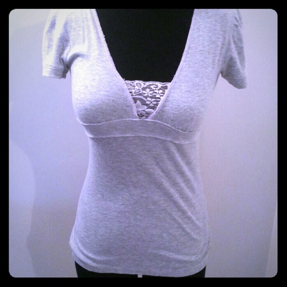 Gray vneck lace top
