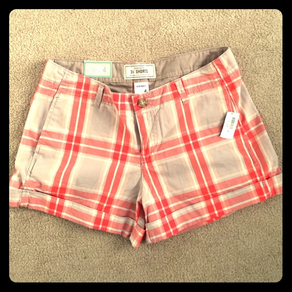 Old Navy Perfect Shorts Khaki & Coral Plaid Shorts