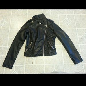 Black faux leather bomber jacket