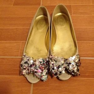 J.Crew nude sequin bow peep toe flats. Size 8