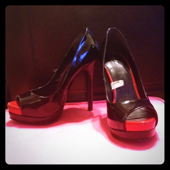 Black Peep Toe Heels with Red Toe