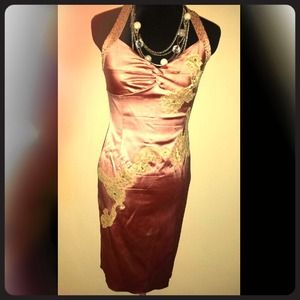 satin, lace and jeweled halter pencil dress.