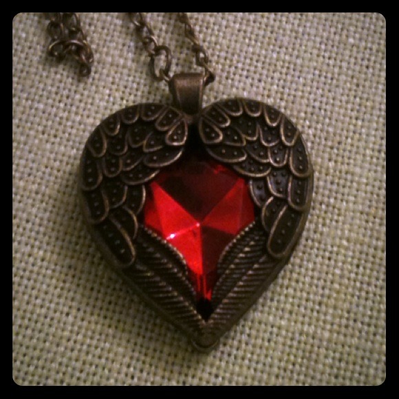 Red ruby heart with wings necklace