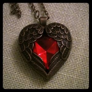 Red ruby heart with wings necklace