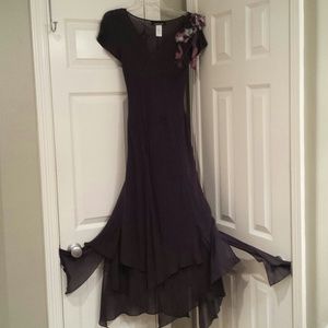 Ankle length dark grey silk cocktail dress
