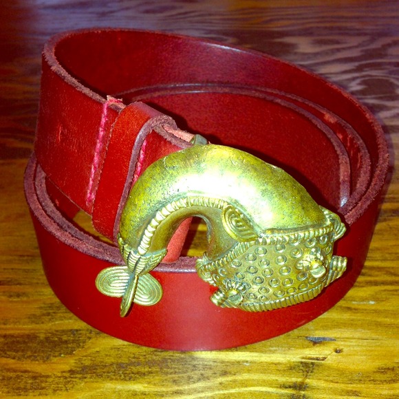 HOT Red Leather belt w/hand crafted brass buckle