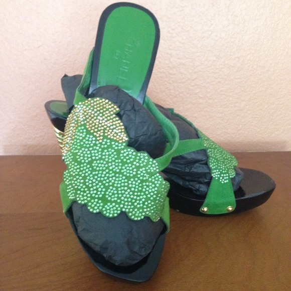 {CHANEL Swarowski Clogs} Vtg Suede & Wood - Picture 2 of 4