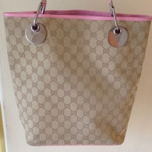 REDUCED!  Gucci tote w/ pink trim &  khaki canvas.
