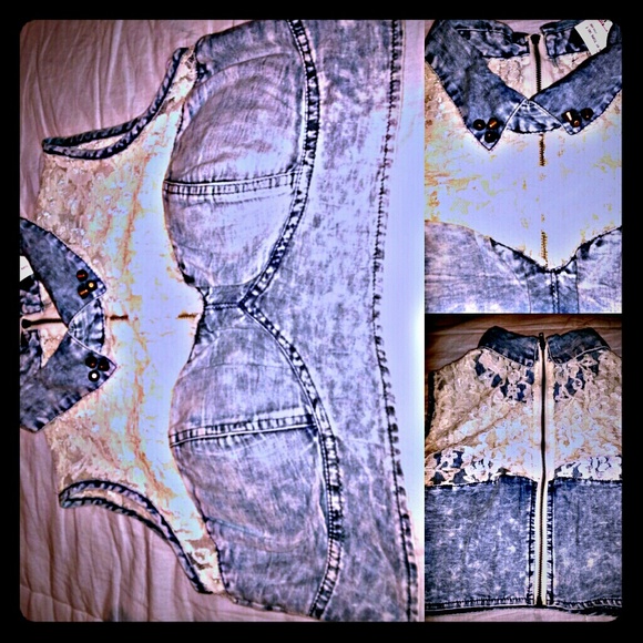 *~bundled*~Lace acidwash denim cropped studded top