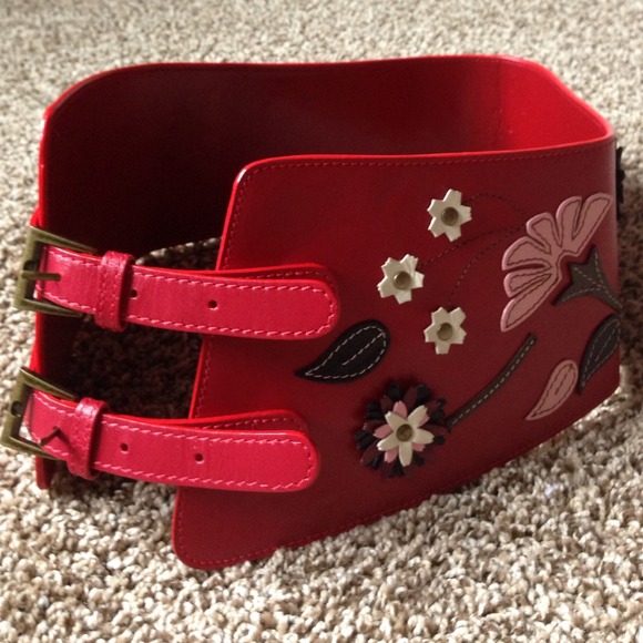 One of a kind belt - red with embellished flowers
