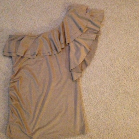 Tan suede feeling one ruffled sleeve shirt