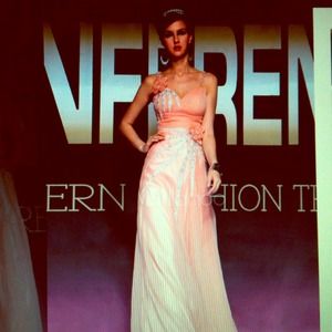 Peach Spaghetti strap Flower Rhinestone Prom Dress