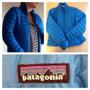 Blue Patagonia down jacket.