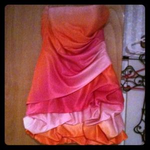 Orange and Pink strapless ruffled prom dress