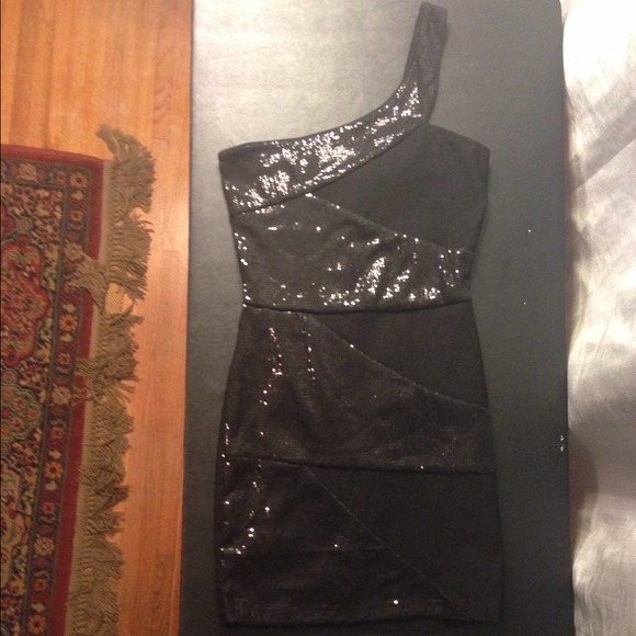 One strap black sequin dress