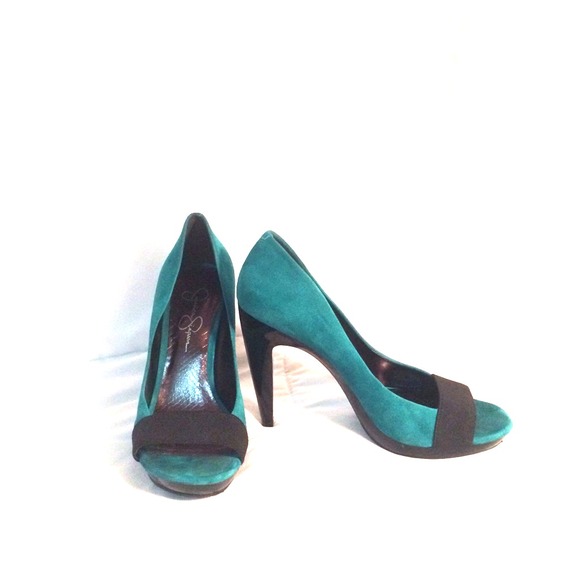 Teal and black suede heels