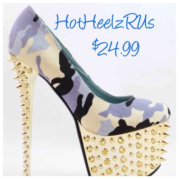 Blue and gold spiked heels