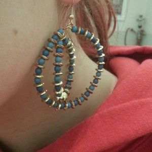 Gold w/ Turquoise Beads Double Hoop Earrings