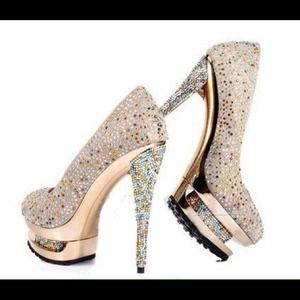 Rhinestone double platform pumps