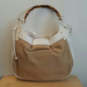 Beige and White leather and woven fabric purse
