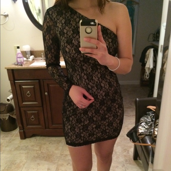 Black and nude lace long sleeved dress