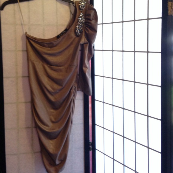 Nude one sleeve party dress comfy and fitted