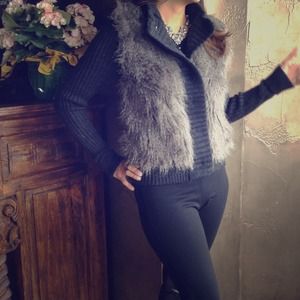 Charcoal grey wool blend/ faux fur sweater.