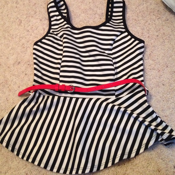 Never Worn Black & White Peplum Top with Red Belt