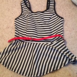 Never Worn Black & White Peplum Top with Red Belt