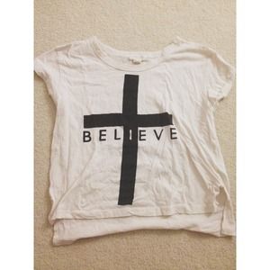 White "believe" tee